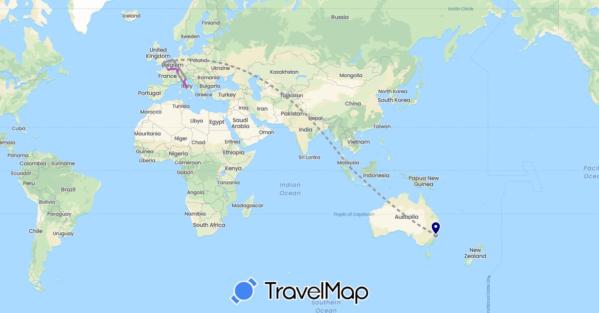 TravelMap itinerary: driving, plane, train in Australia, Switzerland, France, United Kingdom, Italy, Netherlands, Singapore (Asia, Europe, Oceania)